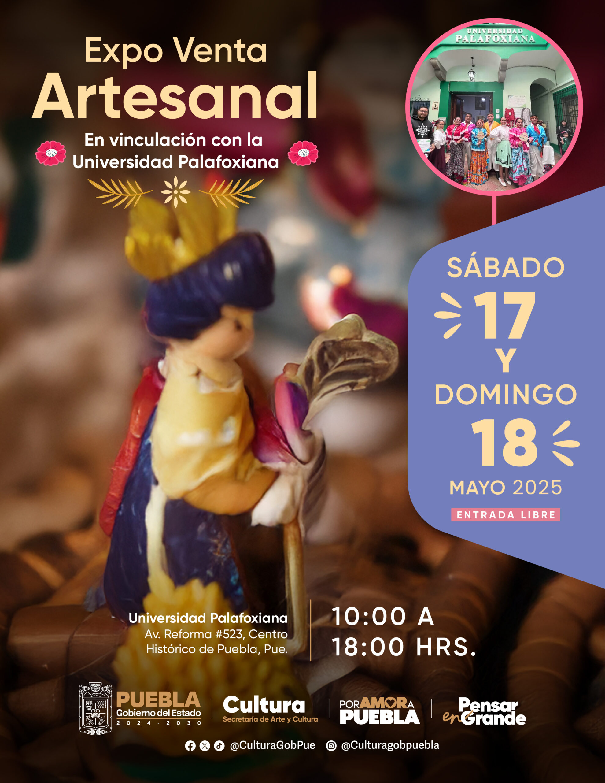 Los días 17 y 18 de mayo en el Centro Cultural “San Roque” se instalará la expo ventas artesanales de municipios poblanos de 10:00 a 18:00 pm