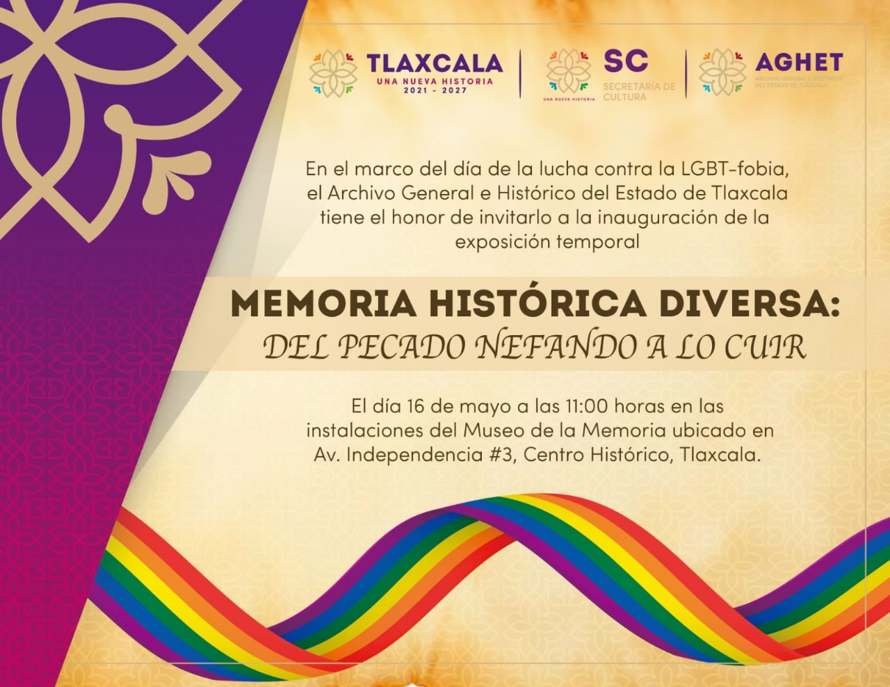 La exposición temporal “Memoria histórica diversa: del pecado nefando a lo cuir”, se exhibirá del 16 de mayo al 29 de junio de este año