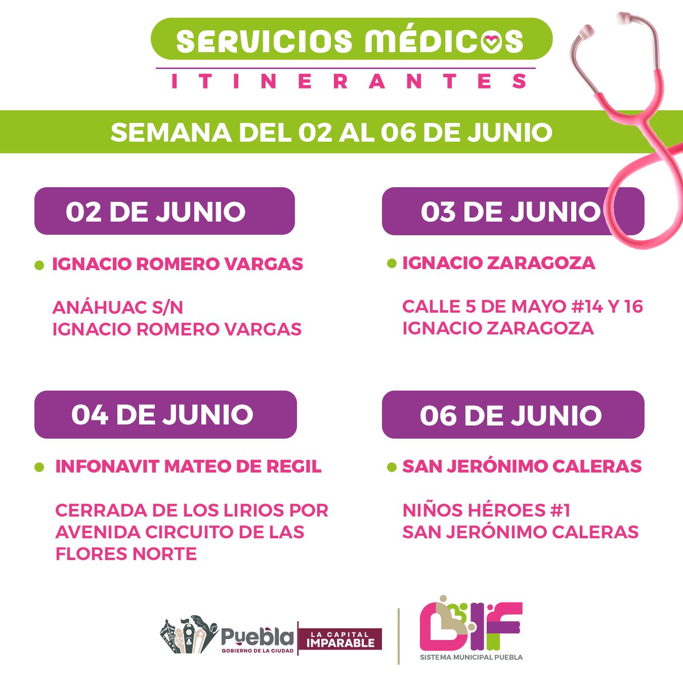 Para la semana del lunes 2 al viernes 6 de junio, los Servicios Médicos Itinerantes se encontrarán en los siguientes puntos de 8:00 a 14:00