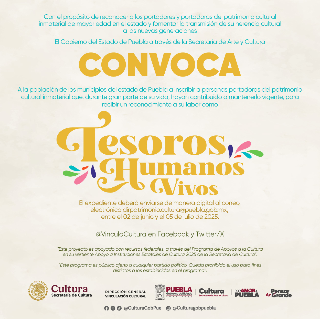 El registro de candidatos para Tesoros Humanos Vivos inició este lunes 02 de junio y concluirá el sábado 05 de julio a las 18:00 horas