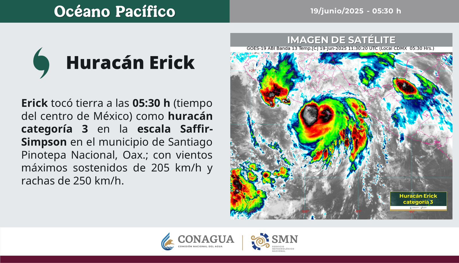 El huracán Erick tocó tierra a las 5:30 horas en Oaxaca; lo hizo como un huracán de categoría 3 pese a su fortalecimiento a categoría 4