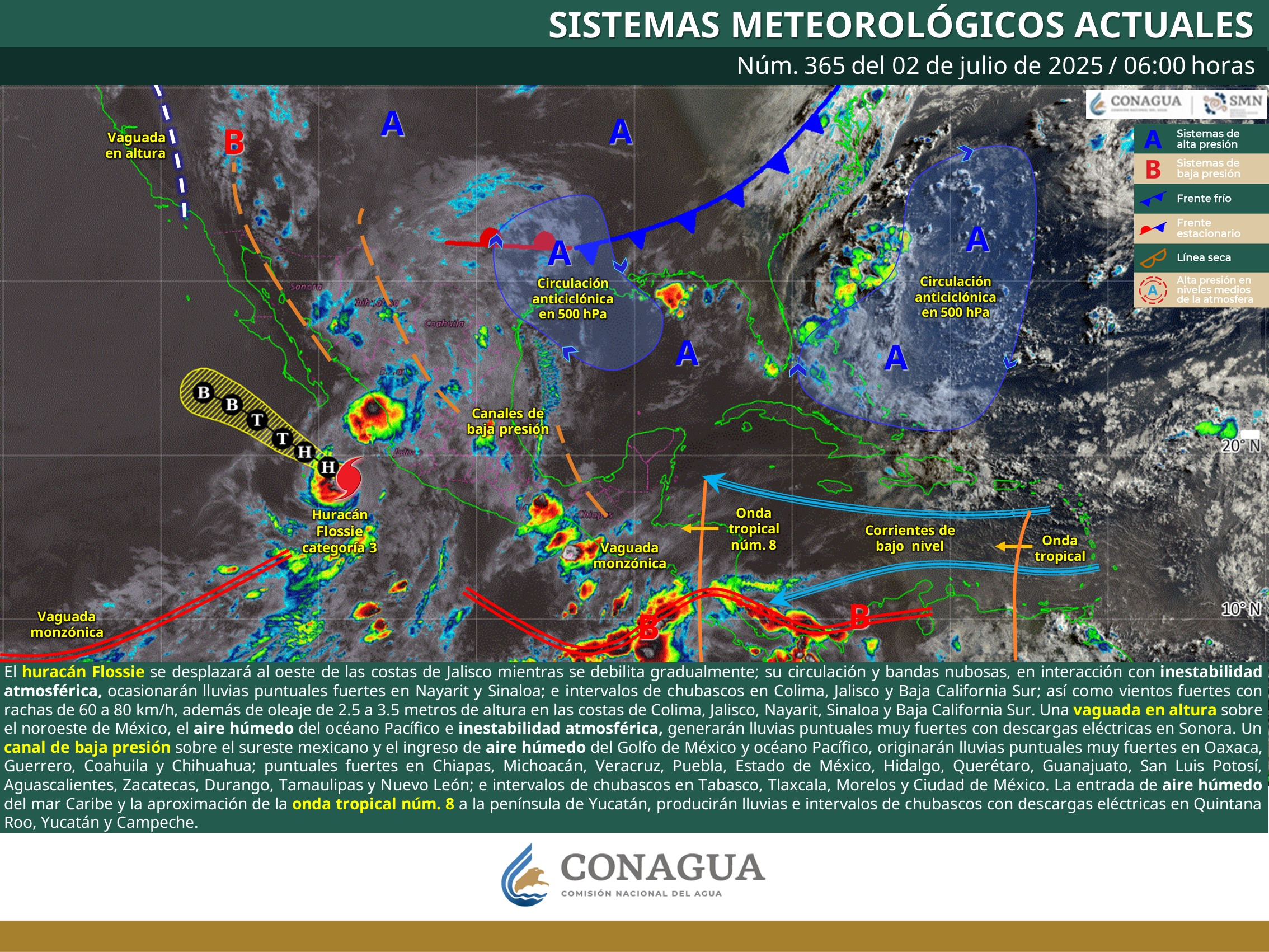 El huracán Flossie originará lluvias puntuales fuertes en Chiapas, Michoacán, Veracruz, Puebla y chubascos en Tlaxcala, Morelos, CDMX